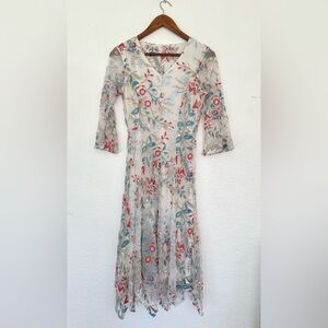 Reba Sheer 3/4 Sleeve Dress with Red Pink and Blue Embroidery